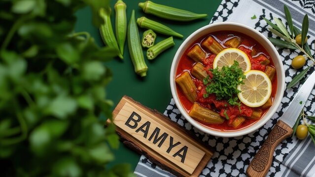 Gourmet bamya bil zeit okra stew in tomato lemon sauce, elegant traditional presentation with fresh green copy space