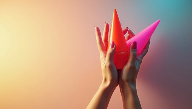 Colorful cones held in hands against a gradient background showcasing vibrant orange and pink hues. Colorful cones symbolize playfulness in creative spaces or events.