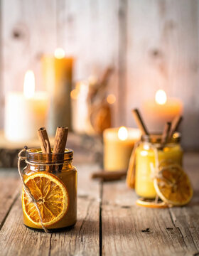 Candle jar orange cinnamon rustic wooden cozy warm glow decoration rustic candle jar with dried orange slice and cinnamon wooden table, cozy warm glow and soft light creating Christmas concept