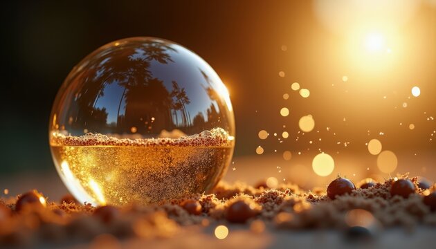 Captivating glass sphere on sandy ground with golden bokeh and soft sunlight. Glass sphere reflects warm light and surrounding nature elements, creating a mesmerizing visual effect.