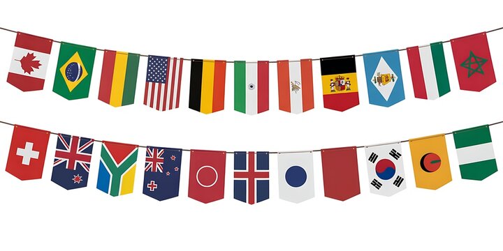 A collection of international pennant flags representing countries from around the globe for global events