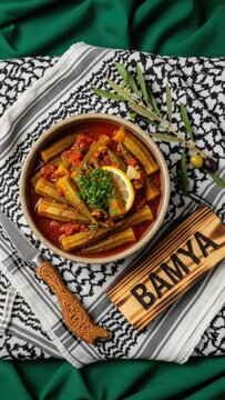 Gourmet bamya bil zeit okra stew in tomato lemon sauce, elegant traditional presentation with fresh green copy space