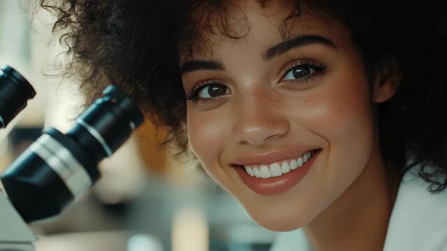 A woman with dark skin looking at a microscope, smiling warmly and confidently with her eyes focused on the viewer. She is indoors in what appears to be a lab setting.