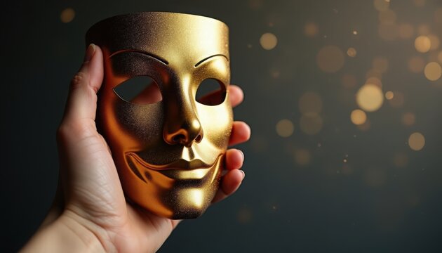 Golden theatrical mask held in hand surrounded by sparkling light. Golden mask features smiling face design, showcasing elegance and artistic expression.