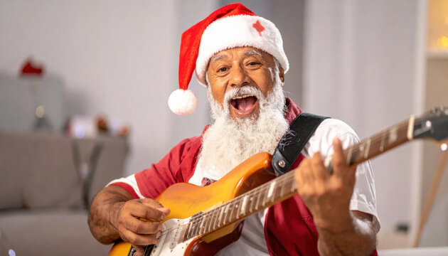 Christmas santa hat senior man electric guitar christmas music holiday celebration festive mood joyful expression living room winter season music performance Senior man with Christmas concept