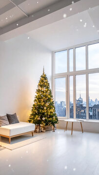 Christmas tree living room modern minimal bright cozy snow window city skyline Modern minimal living room with bright cozy christmas tree, gentle snow large window and city Christmas concept