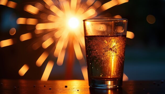 Sparkling drink in glass with glowing firework in background creating festive atmosphere. Sparkling drink features effervescent bubbles illuminating glass.