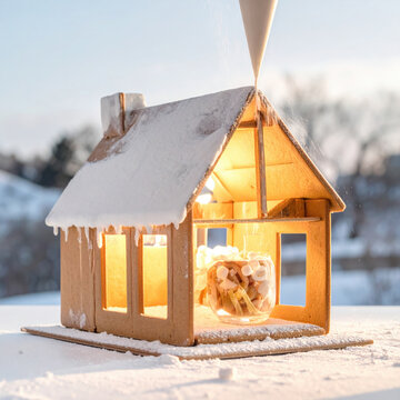 Gingerbread house winter snow icing Christmas holiday decoration cookie light warm miniature home window roof frosting dessert festive candy marshmallow cozy glow outdoor sunset Christmas concept