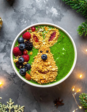 Green smoothie bowl christmas breakfast granola art berry topping festive food holiday snack healthy dessert winter celebration creative meal rabbit face smoothie bowl with Christmas concept