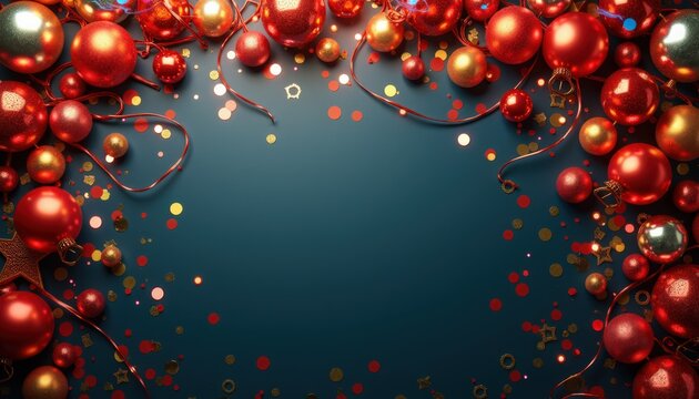 Holiday decorations with shiny red ornaments and glittering confetti on blue background. Festive setup features vibrant colors and sparkling elements for joyful celebrations.