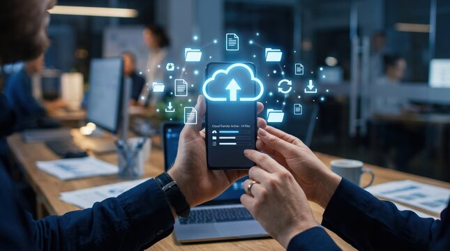 Person holding smartphone with cloud storage upload icon and file transfer symbols, representing online backup, data sharing and remote access technology.