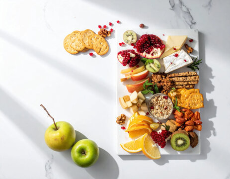 Healthy snack platter fruit cheese cracker nut granola breakfast brunch fresh food on white marble table with bright sunlight and shadow appetizing and colorful Christmas concept