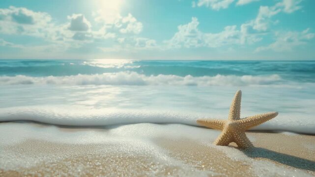 A serene beach scene at sunrise with a starfish washed ashore.