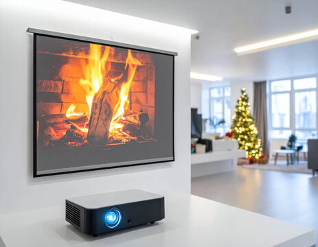 Projector fireplace christmas living room holiday decoration modern technology home cozy projector fireplace christmas living room holiday decoration modern technology home cozy Christmas concept