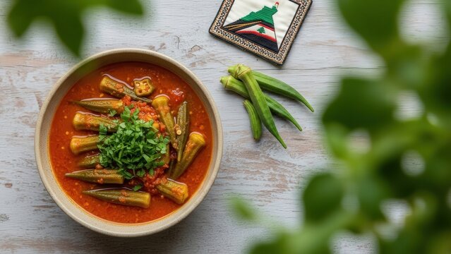 Gourmet bamya bil zeit okra stew in tomato lemon sauce, minimalist presentation with fresh green copy space