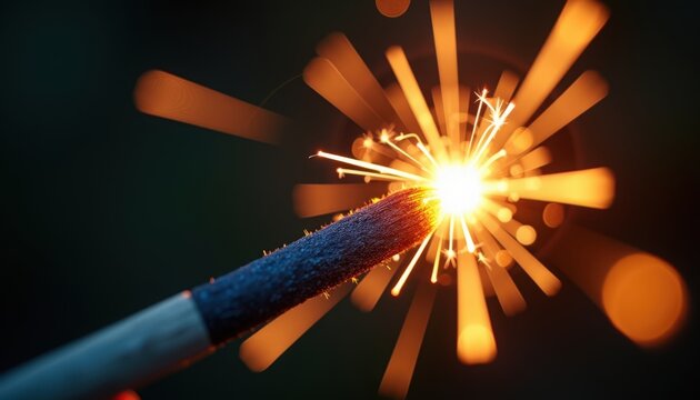 Sparkler creating bright light and sparks during celebration night. Sparkler emits bright light and sparks in dark ambiance, symbolizing joy and festivity.