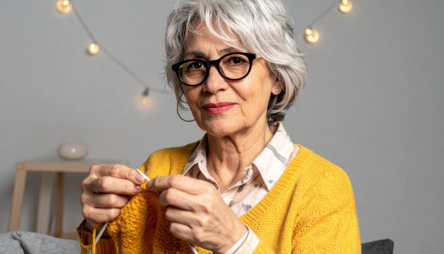 Senior woman knitting grey hair yellow sweater eyeglasses cozy living room warm light soft focus relaxed mood casual clothing creative hobby joyful expression Christmas concept