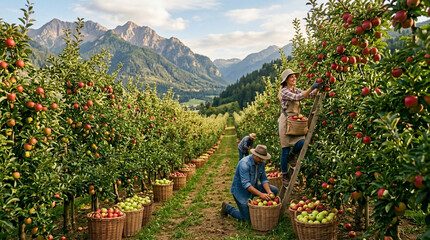 Fototapeta premium Apple orchard harvest with distant mountains and farmers picking fruit