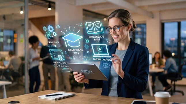 Professional woman using tablet with holographic education icons, online learning, graduation cap, digital curriculum, knowledge base, e-learning technology in modern office