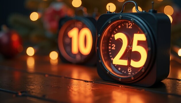 Vintage alarm clock showing 10:25 with warm glow from neon lights in cozy setting. Vintage clock sits on wooden table surrounded by warm Christmas decorations creating festive ambiance.