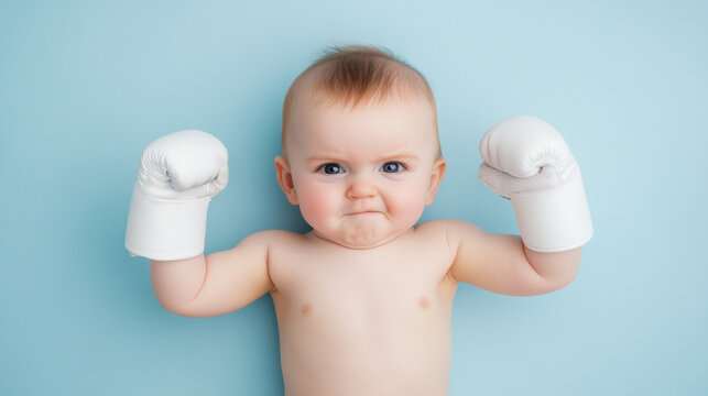 Funny cute baby wearing oversized white boxing gloves flexing muscles on a blue background representing strong childhood health, fighting spirit, and overcoming pediatric illness.