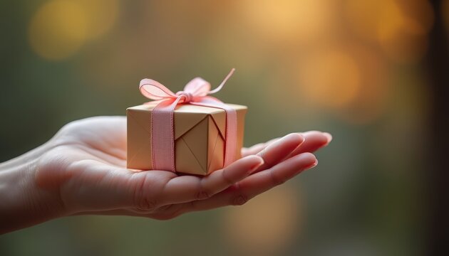 Gift box with pink ribbon held in hand against blurred outdoor background. Presenting gift emphasizes care and thoughtfulness. Concept of gifting for special occasions.