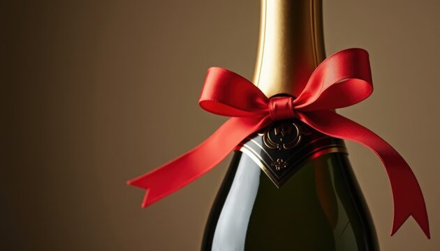 Champagne bottle decorated with red ribbon, elegant presentation for celebrations. Champagne features glossy surface and fine details, perfect for festive occasions, parties, or gift giving.