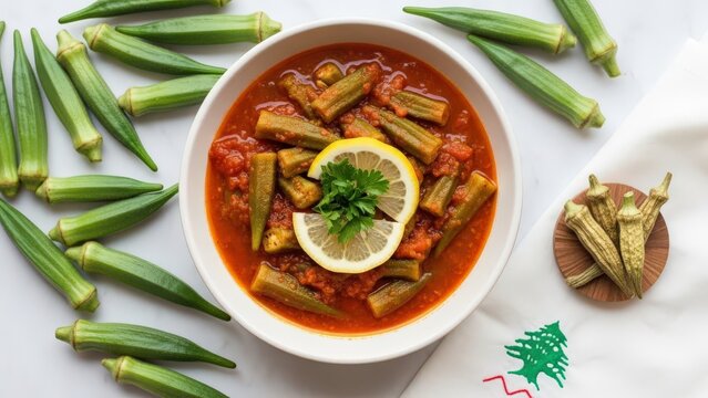 Gourmet bamya bil zeit okra stew in tomato lemon sauce, minimalist presentation with fresh green copy space