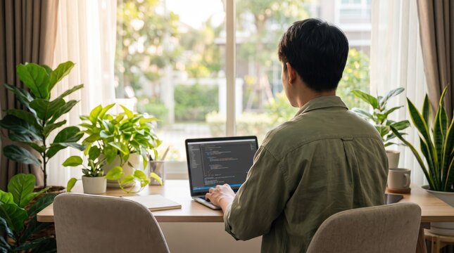 Rear view of male programmer working on laptop computer writing code at home office desk surrounded by green houseplants near window with natural light, remote work concept.