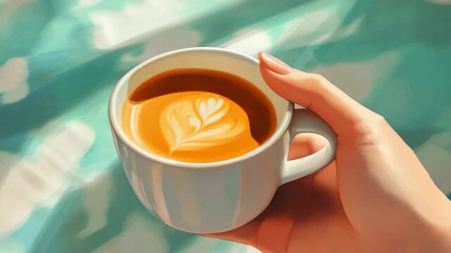 A cup of hot coffee with steam rising from it. A hand holding the white cup.