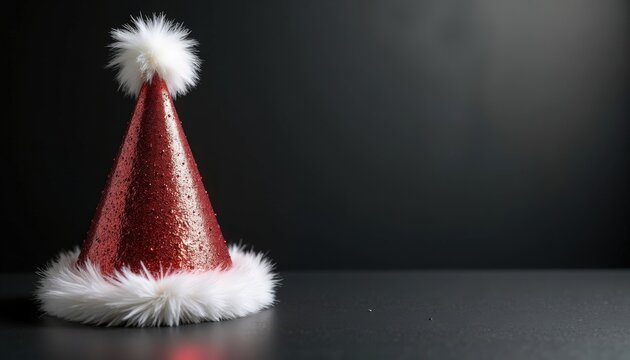 Festive Christmas hat with shiny red surface and fluffy white trim sitting on dark background. Christmas hat adds holiday cheer with sparkling elements and joyful design for celebration.