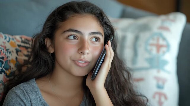 A young girl in a casual setting is engaged in conversation on her smartphone.