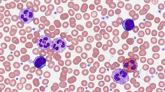 Blood cells: red blood cells, white blood cells (neutrophils, lymphocytes) - microscopic view