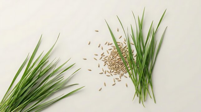 Annual ryegrass plants alongside organic seeds isolated on a light background for agricultural study and crop development photography in high resolution