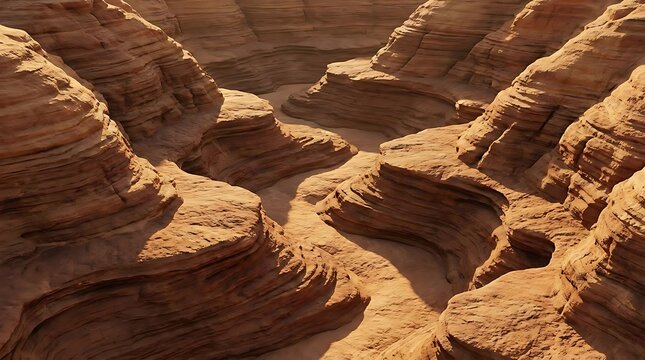 Wilderness trek layout showing a deep and winding desert canyon with layered red sandstone rock formations under the warm glow of the afternoon sunlight