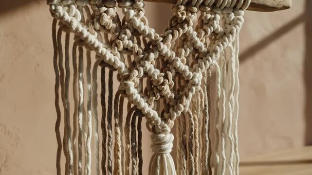 Close-up of a handmade macrame wall hanging with intricate knots and natural tones, creating a cozy atmosphere.