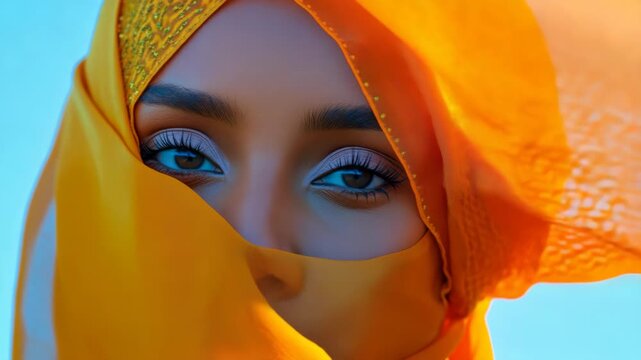 A close-up of a woman wearing traditional attire, looking intently off camera. The captures her eye makeup and the detail of her clothing, which includes vibrant colors and intricate designs.
