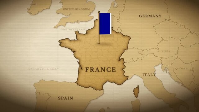 Vintage sepia map of France with a rising French flag on a pole and neighboring country labels