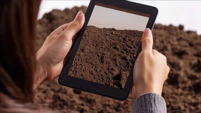 An individual using a tablet computer outdoors, showcasing an agricultural scene on the screen.