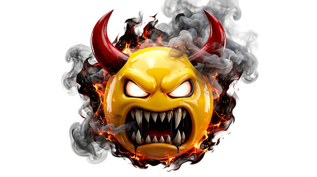 Angry Devil Emoji with Fire & Smoke. Extreme Rage, Frustration, and Negative Emotion Concept Graphic.