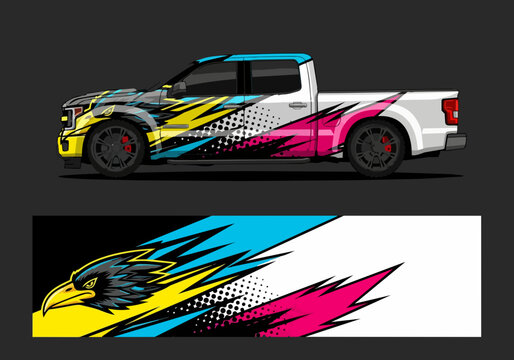 Colorful pickup truck with eagle and abstract design wrap