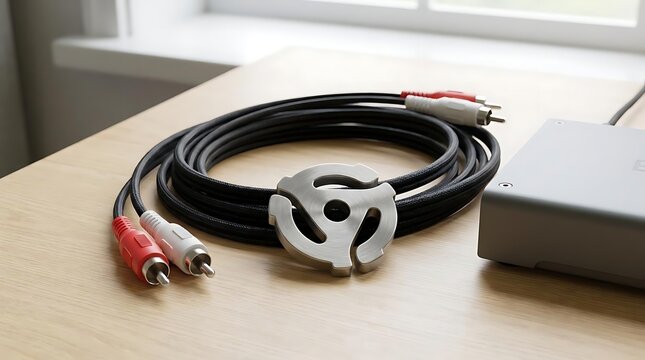 High-quality black braided RCA audio cable coiled on a wooden table with a silver metallic flame-45 adapter for vinyl record players and hifi equipment.