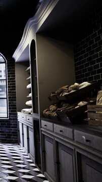 A bakery shows wooden shelves filled with different types of bread. The space has a dark ambiance with a large window allowing light inside. The floor has a checkered pattern.