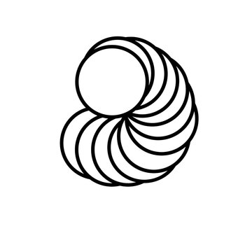 spiral shell isolated on white,Minimalist black line vector illustration forming an abstract nautilus shell or repeating circular spiral on a clean white background