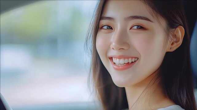 Close-up of a joyful young female passenger smiling at the camera inside a vehicle.