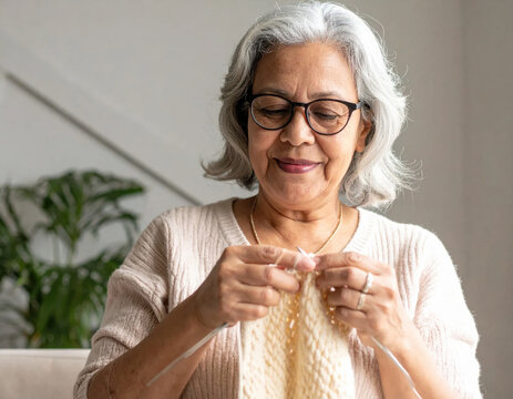 Senior woman knitting yarn needle sweater glasses smile leisure hobby home interior plant background cozy mood daytime light casual clothing content expression Elderly woman Christmas concept