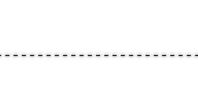 Simple white dashed line animation on a black background, ideal for road markings, highway lane dividers, traffic graphics, transportation videos, navigation interfaces, and motion design projects.