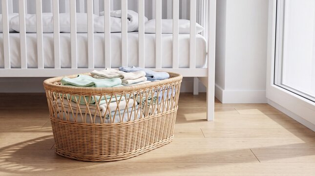 Wicker laundry basket filled with folded baby clothes on wooden floor beside white baby crib inside nursery room with sunny daylight