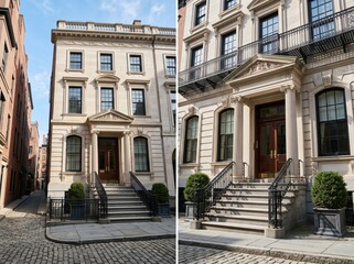 Naklejka premium Two views of neoclassical townhouse facade with columned entrance