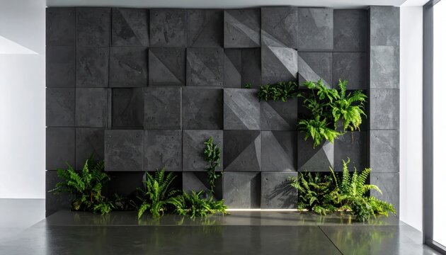 Geometric concrete wall with green plants in modern minimalist interior